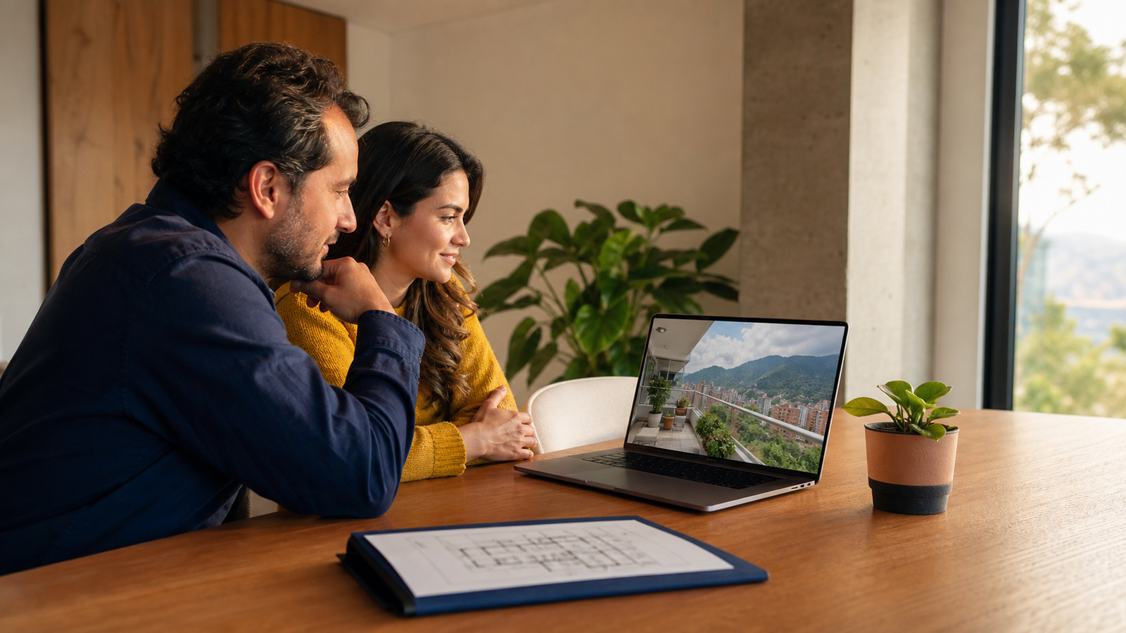 Pareja revisando una inversión inmobiliaria en Colombia